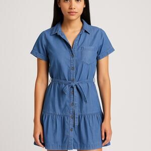 Speed Limit 98 belted Blue denim button up dress 100% cotton medium pockets